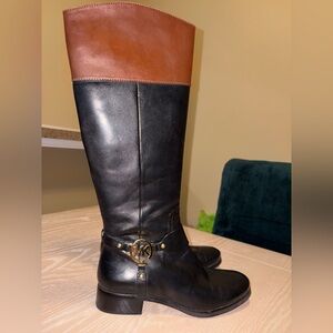 MICHAEL Michael Kors Two Tone Black and Brown Cuff Leather Heeled Boots